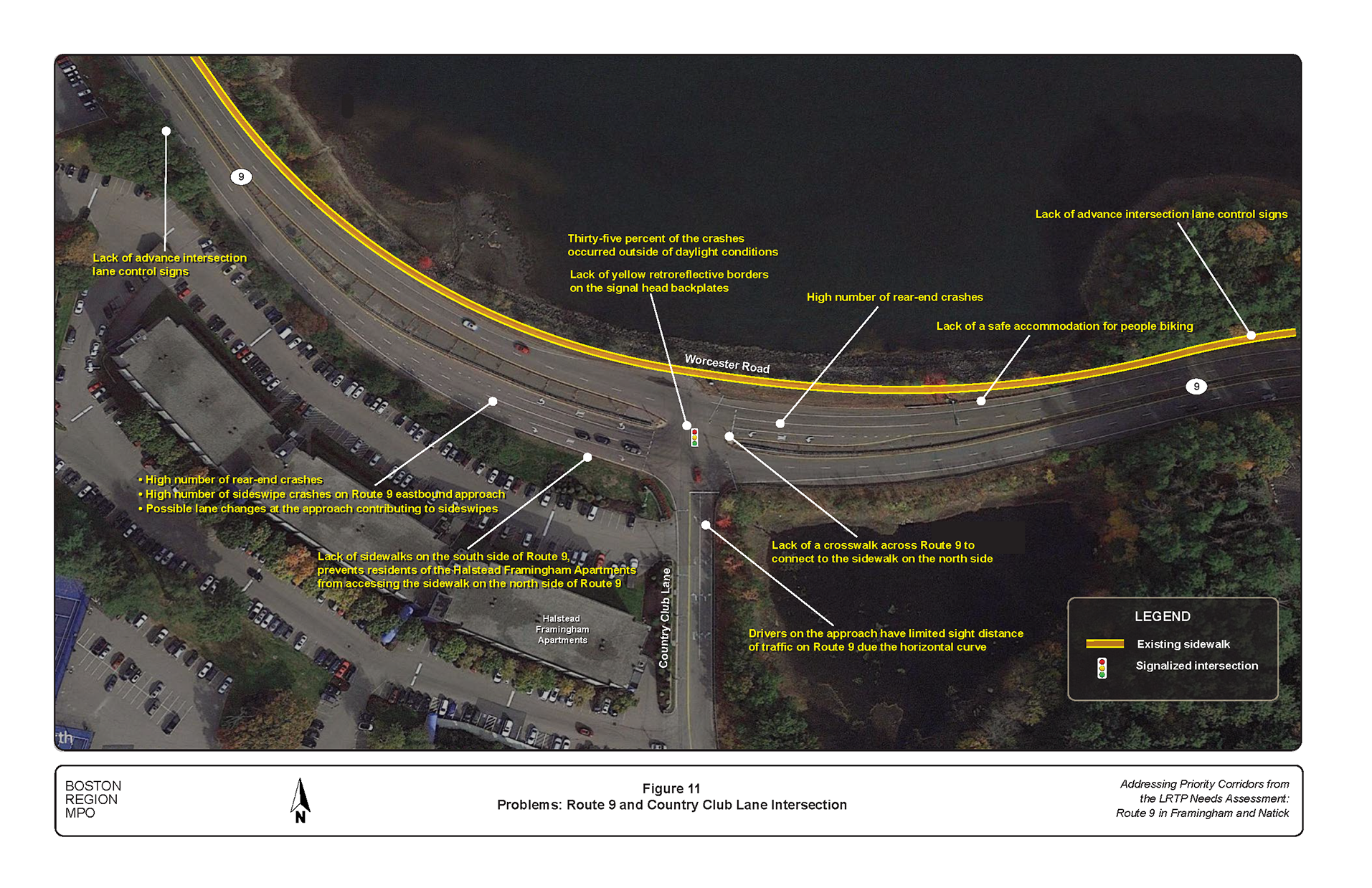Figure 11 is an aerial photo showing the intersection of Route 9 and Country Club Lane and the problems
